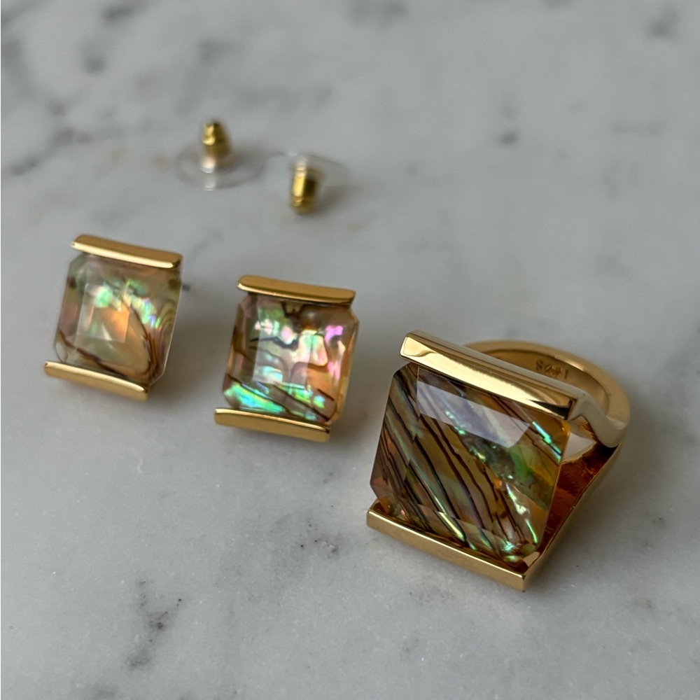 Lele Sadoughi Iridescent Abalone Gold-Trim Square Earrings and Ring Set